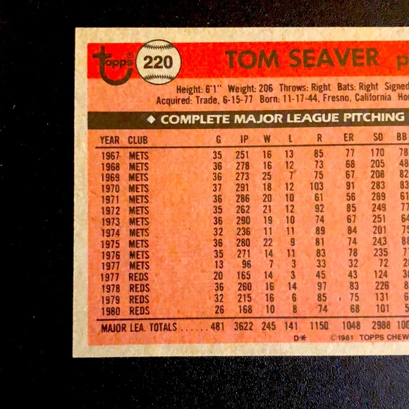 1981 Topps #220 Tom Seaver *NM - Mint Condition* - Picture 5 of 6